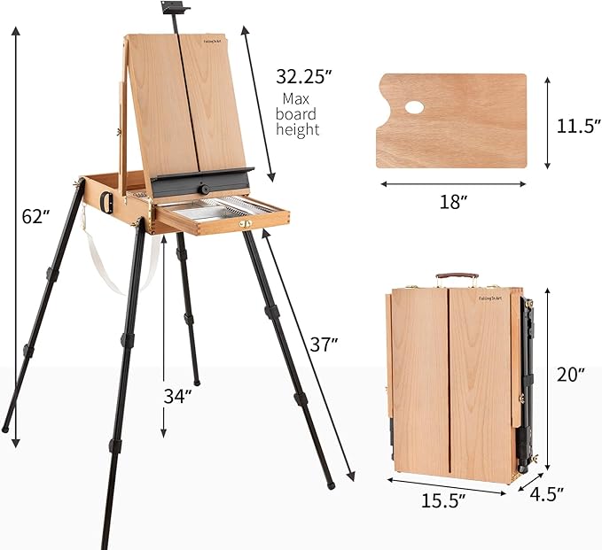 Falling in Art 4 Legs Beechwood French Easel - Portable Plein Air Studio Easel Stand with Bigger Storage Drawer, Full Size Sketchbox Travel Easel for Painting, Drawing, Artwork Display, Natural