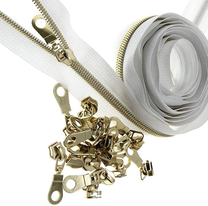#5 Gold Metallic Nylon Coil Zipper by The Yard, Bulk 10 Yards White Tape with 25PCS Rose Gold Zippers Pulls for Sewing, Bags, Purses YIGUANXIN