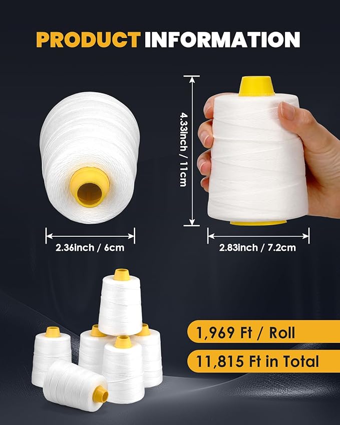 Hanchen Heavy-Duty Sewing Thread Spool, 6-Stranded Chemical Fiber Sealing Industrial Packing Synthetic Fiber Stitching Thread Spool for Bag Sewing Closing Machine, Pack of 6 Roll