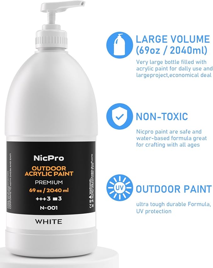 Nicpro White Large Outdoor Acrylic Paint Set (69 oz, 2040 ml) Rich Art Painting Supplies Non Toxic Multi Surface Paint for Canvas, Wood, Leather, Fabric Stone Craft, Concrete, Wall, for Beginners, Artists & Adults with Pump