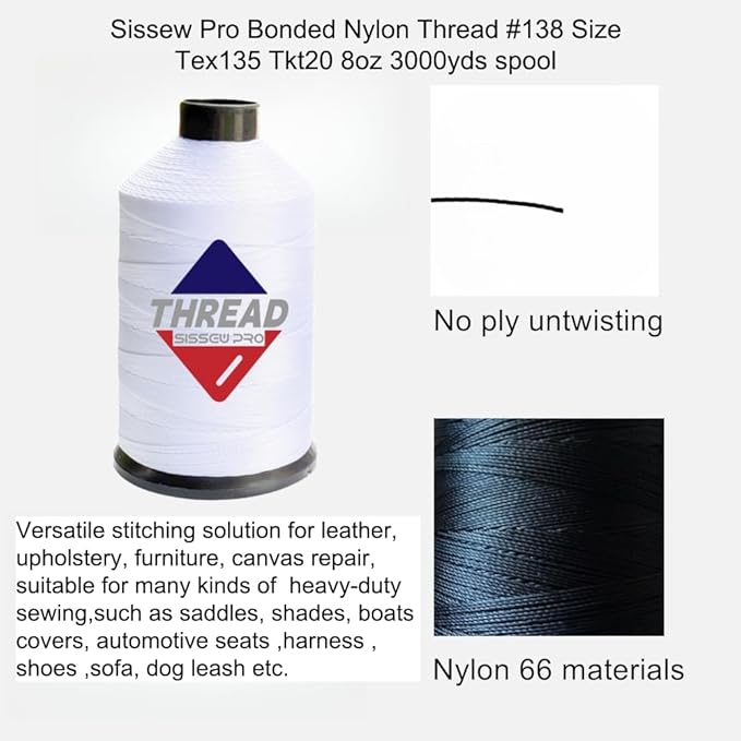 Sissewpro 8oz Bonded Nylon Thread 138 Upholstery Thread Heavy Duty for Sewing Machine Strong White Threads for Leather Crafts Furniture Cusion,Boats Car Cover Seats,Canvas,Tex135,1500yds (White)