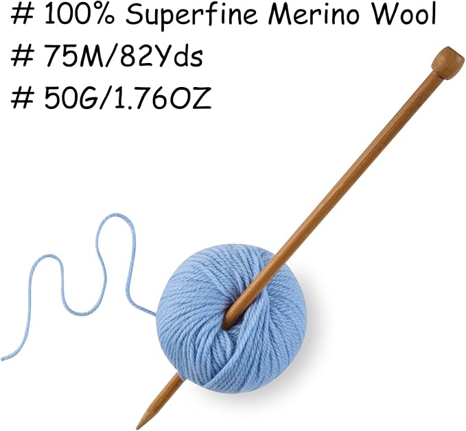 100% Merino Wool Yarn 3-Ply Luxurious and Soft Yarn for Hand Knitting & Crocheting (Sky Blue,1Ball)