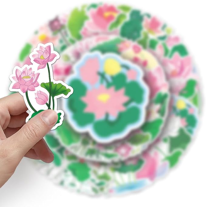 Unique Lotus Flowers & Leaves Stickers Pack for Kids Boys Teens|50 Pcs|Aesthetic Cartoon Stickers for Waterbottle Car Bike Laptop Hydroflasks Tablet Phone Notebook,Waterproof Decals Pack(Lotus)