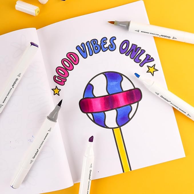 Grabie Easy Coloring Book for Adults Relaxation,Simple Mindful Coloring Pages for Alcohol Markers,Stress Relief Themes Flowers,Mushrooms,Monsters and More,Cute Designs(Feel Good with Color,30 Sheets)
