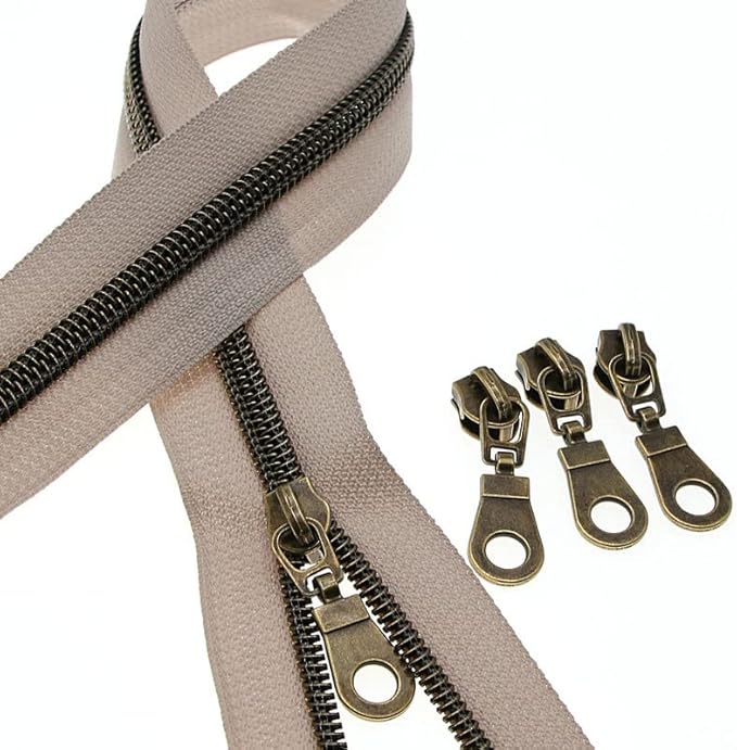 #5 Antique Brass Metallic Nylon Coil Zippers by The Yard Bulk Beige Tape 10 Yards with 25Pcs Pulls for DIY Sewing Craft Bags YIGUANXIN