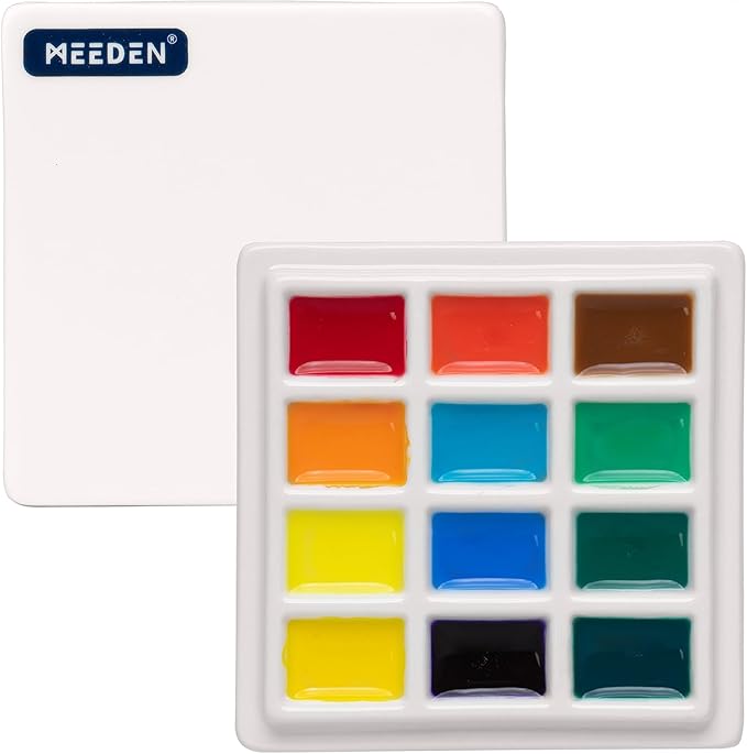 MEEDEN Ceramic Watercolor Palette with Cover, 12-Well White Porcelian Mixing Tray Artist Painting Palette with Lid, Square Painting Tray Palettes for Watercolor Gouache Acrylic Painting, 3¾" x 3¾"