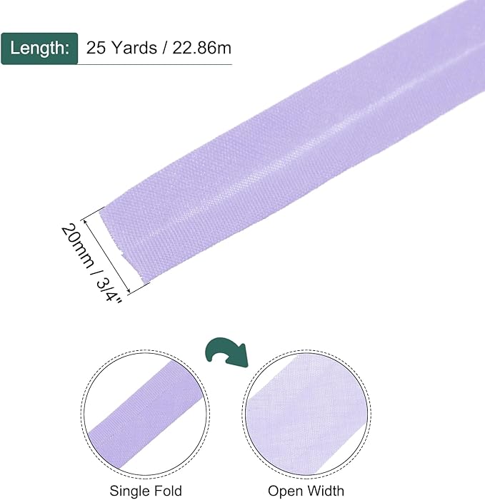 MECCANIXITY 3/4 Inch Single Fold Bias Tape Polyester Continuous Bulk Bias Tape for Sewing, Seaming Quilting Hemming Binding Crafts (Light Purple 25 Yards)