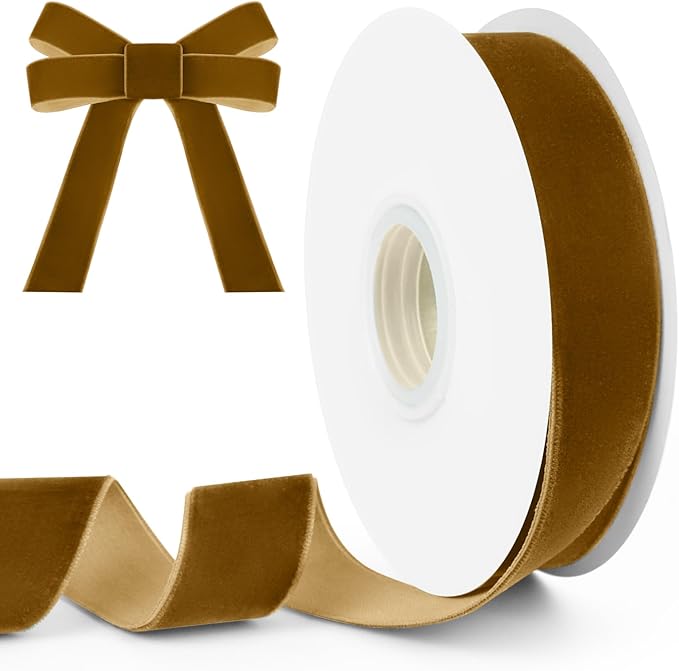 Khaki Velvet Ribbon, 1 inch 10 Yards Vintage Velvet Ribbons Perfect for Christmas Tree Ornaments, Gift Wrapping, Wedding Decoration, Bows, Sewing, Crafts, Wreath and More