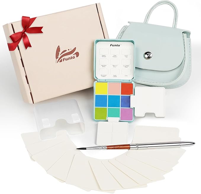 Funto Mini Watercolor Set Travel Kit with 9 Colors, Leather Bag & Watercolor Paper, Portable Drawing & Painting Supplies for Beginners, Art Gift Set