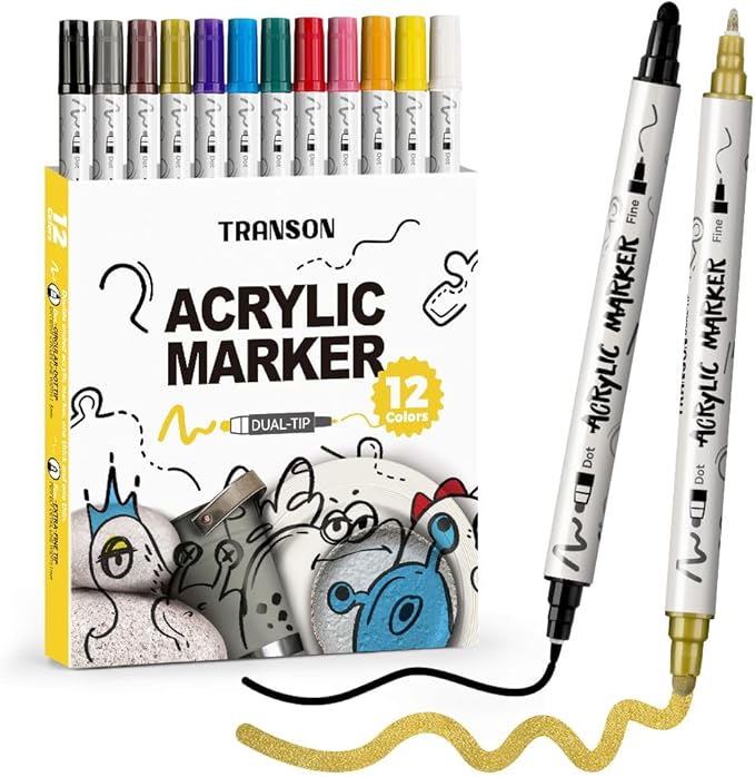 TRANSON 12 Color Bold and Fine Dual-tip Acrylic Paint Pen Set for Canvas Rock Wood Leather Ceramic DIY Painting