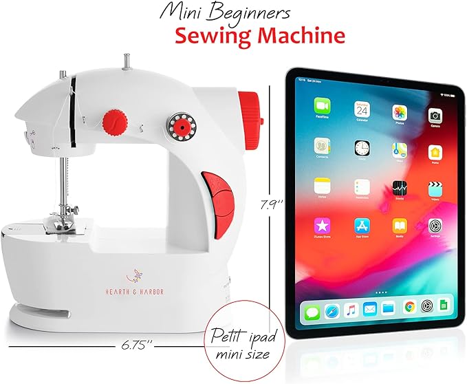Hearth & Harbor Mini Sewing Machine for Beginners, Dual Speed Small Portable Sewing Machine for Kids and Adults with Extension Table, 48 Piece Gift Set Includes, Pedal, Projects Book and More, Red