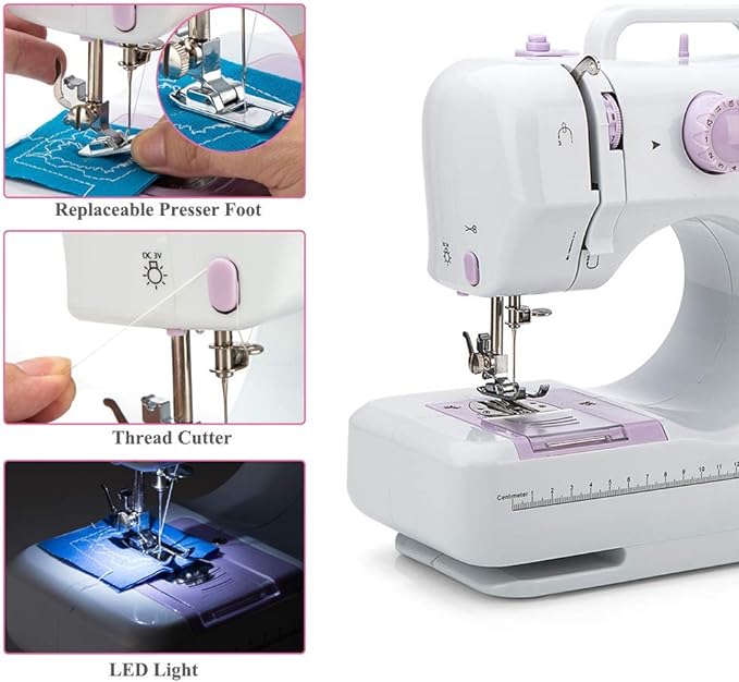 Mini Sewing Machine by Kalatic (Including Extension Table and Sewing Supplies Set) - Small Electric Overlock Sewing Machines with 2 Speed 12 Built-in Stitch Patterns KT-005-A30