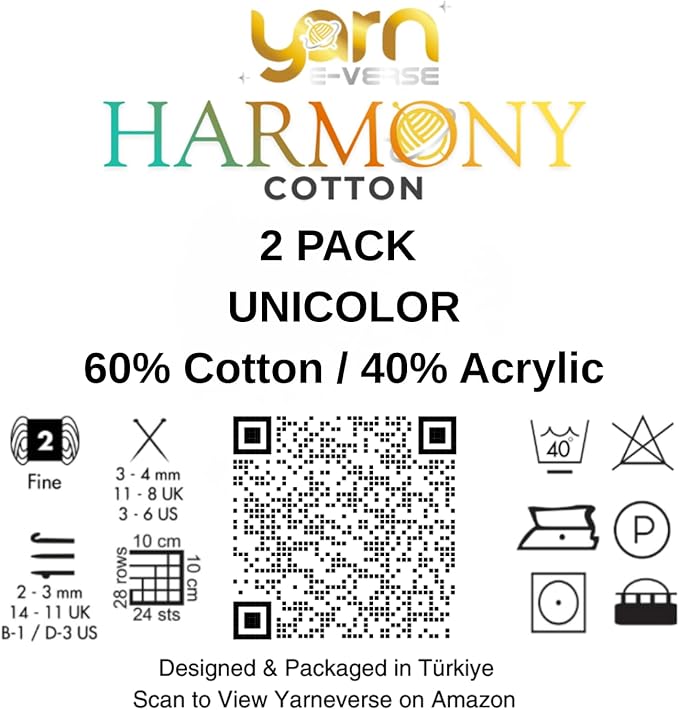 Harmony Cotton Yarn by Yarneverse – 2-Pack Soft Fine Weight (#2) 60% Cotton / 40% Acrylic (50g / 165m Each – Total 100g / 330m) (2, 463)