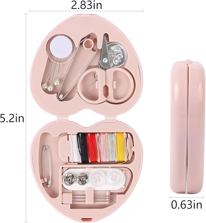 MIDELONG Heart Shaped Portable Travel Sewing Repair Kit - Mini Box with Threads, Scissors, DIY Hand Sewing Needles, Pink