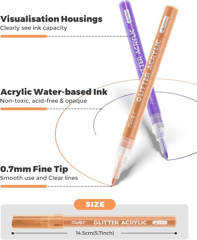 JusArt 16 Colors Glitter Markers, Glitter Paint Pens Sparkly and Shiny for DIY Card Making, Coloring, Scrapbooking, Glass, Wood, Stone, Fabric, Rock - 0.7mm Extra Fine Acrylic Paint Markers