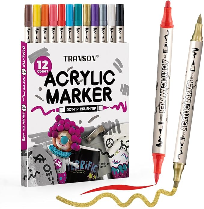 TRANSON 12 Colors Bold and Brush Dual-tip Acrylic Paint Marker Pen Set for Canvas Rock Wood Leather Ceramic DIY Painting