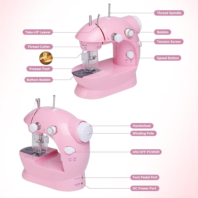 Sewing Machine for Beginners with Expansion Table and Foot Pedal and 42Pcs Sewing kit Finger Guard & Light Mini Small Portable Sewing Machines 2-Thread 2-Speed 2-Switches for Kids Ages 8-12 Peach Pink