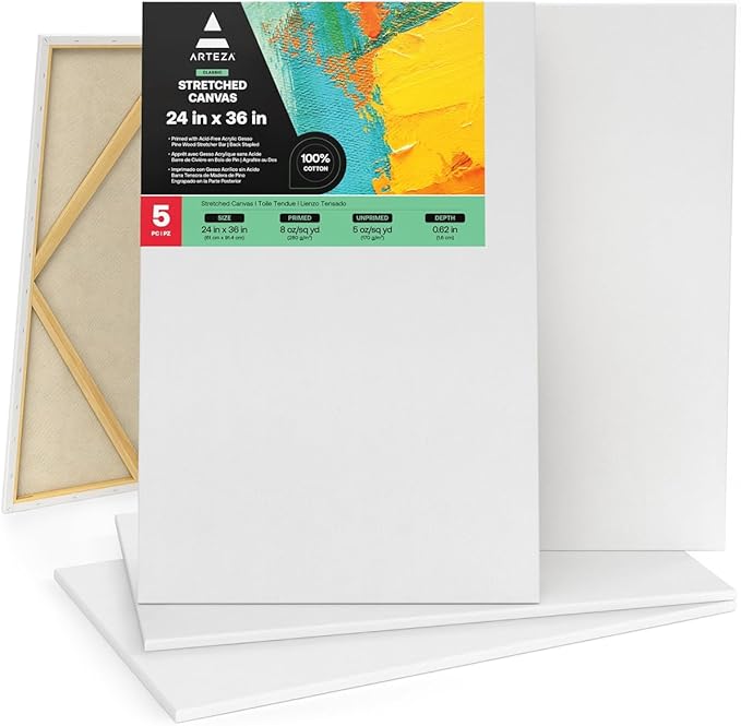 ARTEZA Stretched Canvas, 24 x 36 Inches, Pack of 5, Blank White Large Canvas for Painting for Acrylic, Oil and Gouache Paints