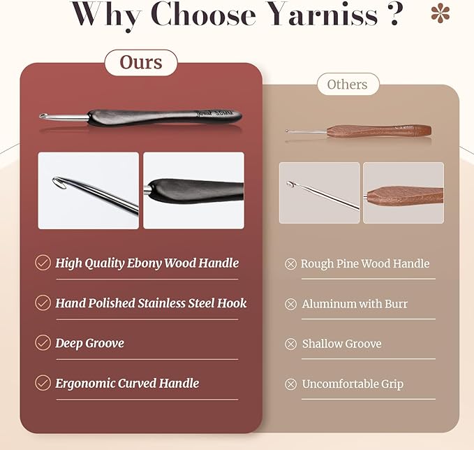 Yarniss Artisan Stainless Steel Crochet Hooks Set 3.0mm,4.0mm,5.0mm,Hand-Polished Crochet Needle with Ebony Handle for Beginners,Gift for Crocheter