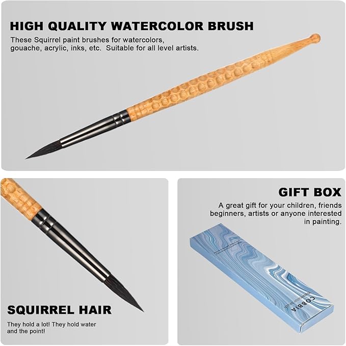 Round Watercolor Brush Size 8 - Squirrel Hair Brush for Broad Strokes, Washes & Backgrounds - Hand-Carved Handle for Watercolor, Acrylic & Gouache