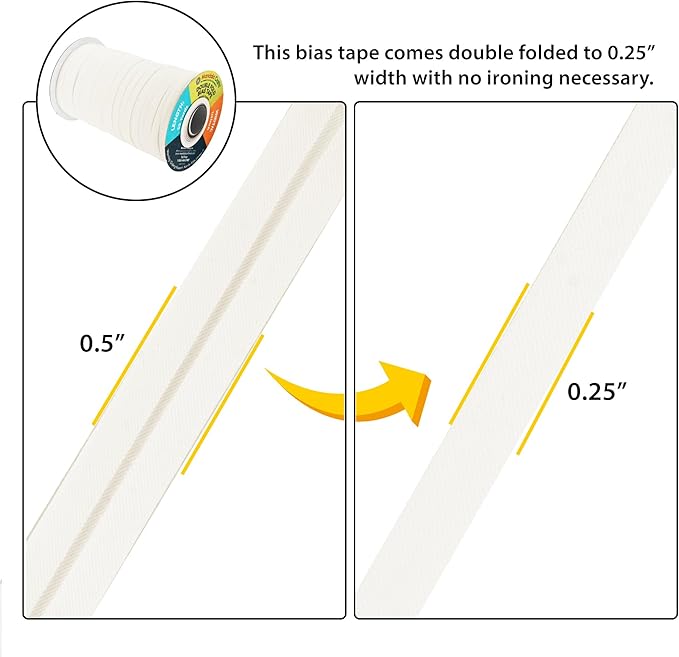 Mandala Crafts 55 Yards 1/4 Inch Off White Double Fold Bias Tape for Sewing - Bias Binding Tape for Quilting Binding, Hemming, Seam, and Fabric Piping