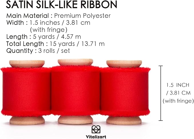 Vitalizart Red Silk Satin Ribbon 1-1/2 inch x 15 Yard Christmas Ribbon Handmade Frayed Ribbons for Gift Wrapping Baby Shower Wedding Bridal Bouquets Holiday Decor