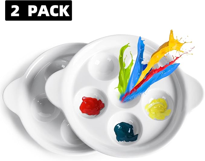 Ceramic Artist Paint Palette, 6.5 Inch Watercolor Palette with 6 Small Holes and Handles, Mixing Tray for Gouache Painting, Tempera Painting, Easy to Clean White, 2 Pack
