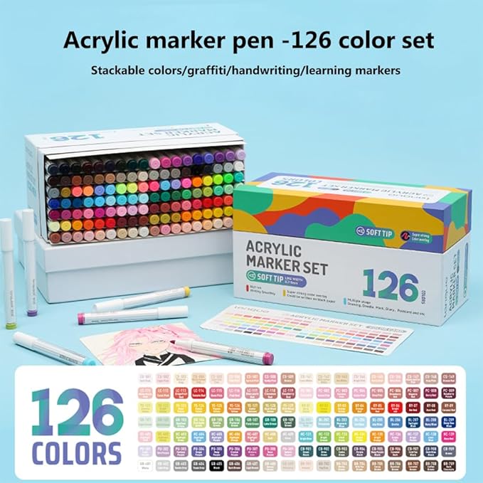 126 Colors Acrylic Paint Markers, Water Based Acrylic Paint Pens Set with Brush Tip for Wood, Glass, Paper, Stone, Egg, Rock Painting