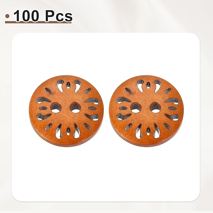 HARFINGTON 100pcs 2 Hole Flower Craft Sewing Button 15mm Handmade Wood Replacement Round Buttons for Clothing Decoration DIY Accessories, Brown