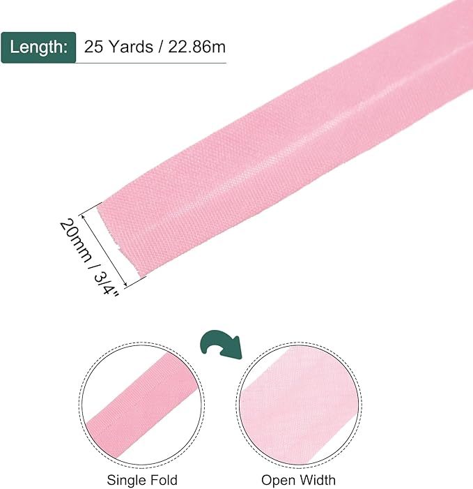 MECCANIXITY 3/4 Inch Single Fold Bias Tape Polyester Continuous Bulk Bias Tape for Sewing, Seaming Quilting Hemming Binding Crafts (Pink 25 Yards)
