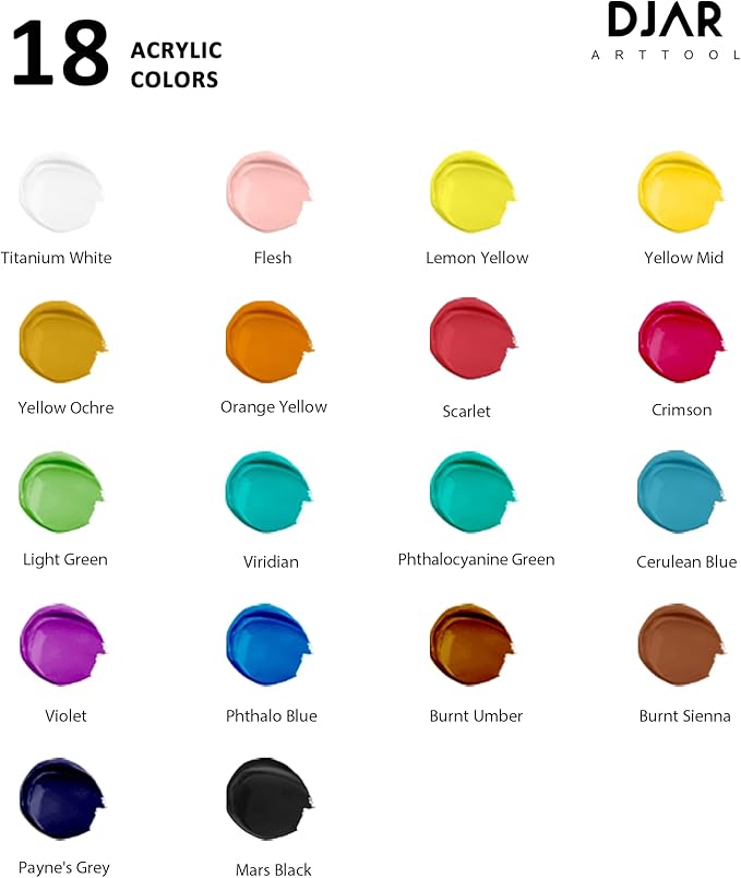 DJAR Acrylic Paint Set, 18 Colors 2 fl oz/250ml Bottles, Art Supplies for Painting Canvas, Glass, Egg, Wood