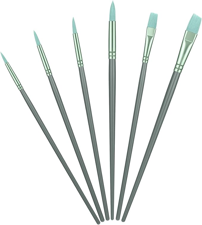 6 Pcs Nylon Hair Brushes for Paint by Number, Acrylic Paints Brush Set Watercolor Brush Oil Painting Round Flat Art Paint Brushes Kit for Beginners Adults with 2/4/6/8/10/¼ Sizes(Green)