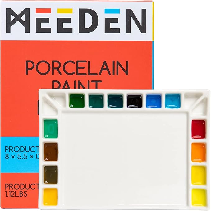 MEEDEN 18-Well Porcelain Artist Paint Palette, Mixing Art Ceramic Watercolor Paint Palette for Watercolor Gouache Acrylic Oil Painting, Rectangle 8 by 5-1/2-Inch