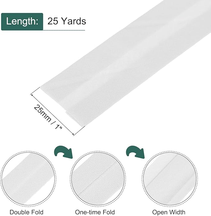 MECCANIXITY 1 Inch Single Fold Bias Tape Cotton Continuous Bulk Bias Tape for Sewing,Seaming Quilting Hemming Binding Crafts (White 25 Yards)