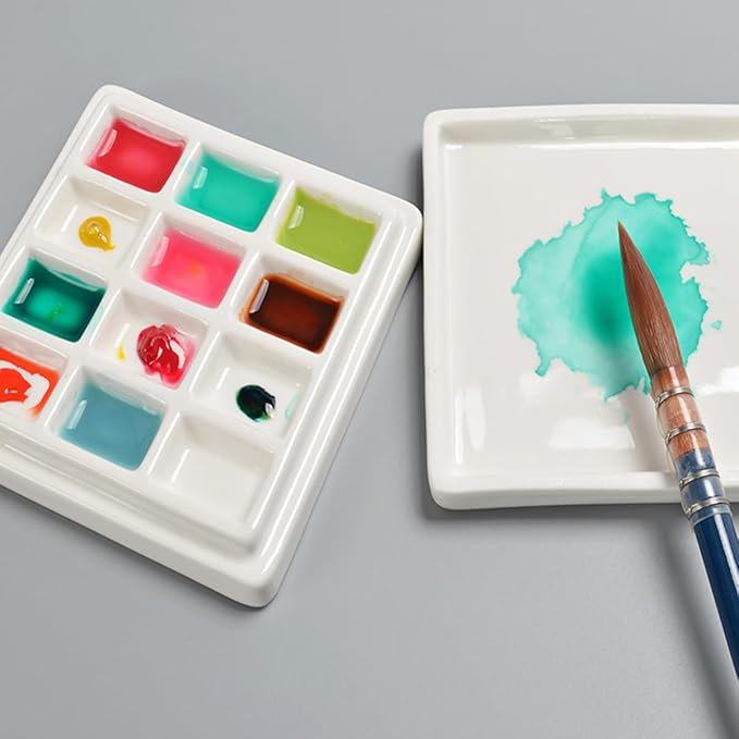 12 Wells Ceramic Palette with Covers Porcelain Paint Palette Mixing Tray for Painting Watercolor Gouache Arts & Crafts Accessories Organizer Mixing Colors