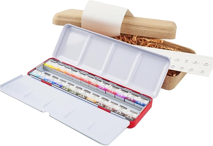 Mairtini Academy Grade Brilliant Series “Oriental Charm” Half-pan Solid Watercolor Paint 24 Colors Set with Red Iron Case
