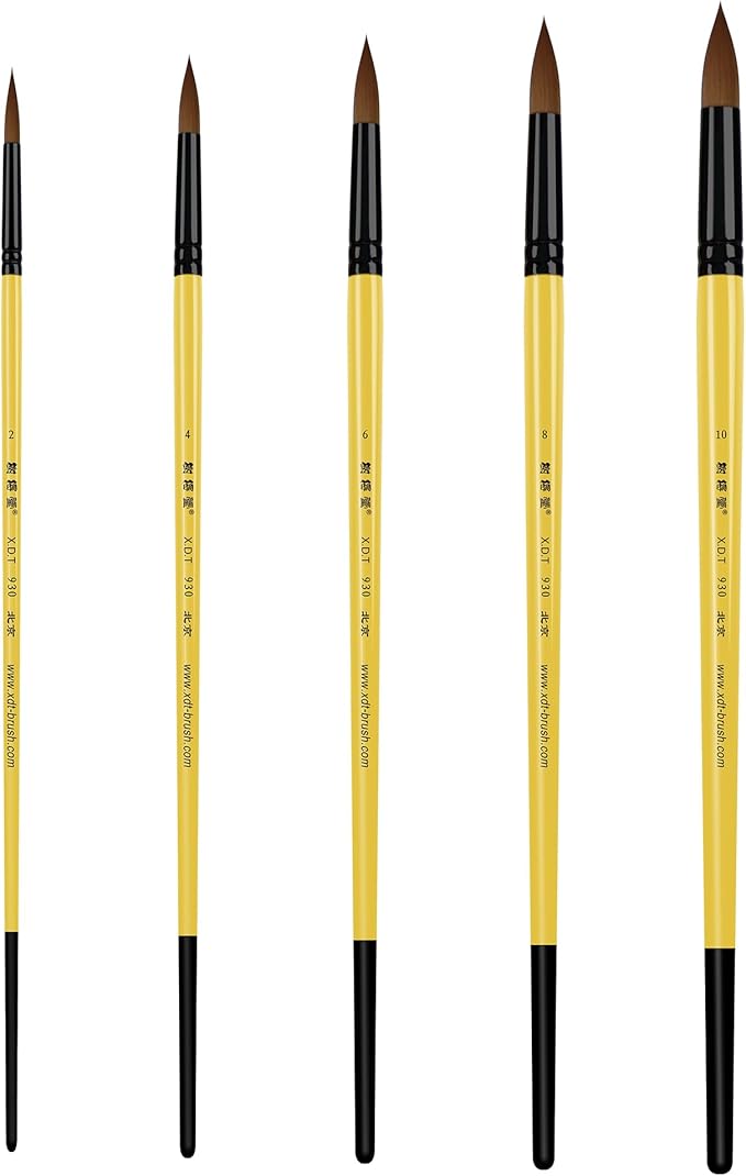 XDT#930 Round Tip Artist Paint Brush 5 Piece Set Medium Soft Natural Hair #2#4#6#8#10, Mop Paint Brush for Painting, Acrylic Oil Watercolor