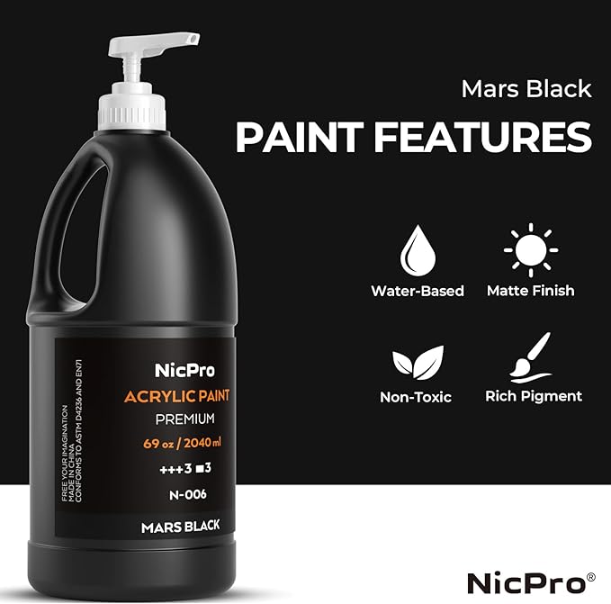 Nicpro Black Large Acrylic Paint Set (69 oz, 2040 ml) Rich Art Painting Supplies Non Toxic for Multi Surface, Canvas, Wood, Leather, Fabric Stone Craft, for Beginner & Artist with Pump