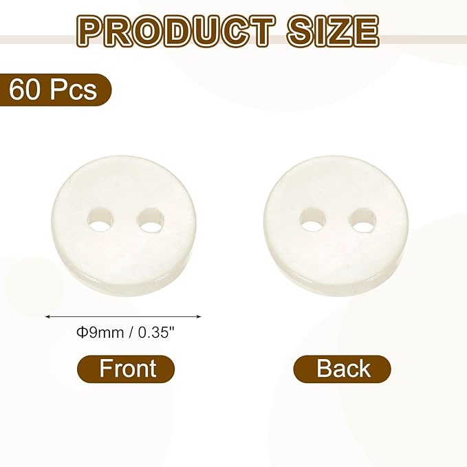 uxcell 60Pcs Natural Shell Buttons, 9mm 2-Hole Round Shell Craft Sewing Button, Decorative Accessories for Coats, Shirts, Clothing DIY Projects, White