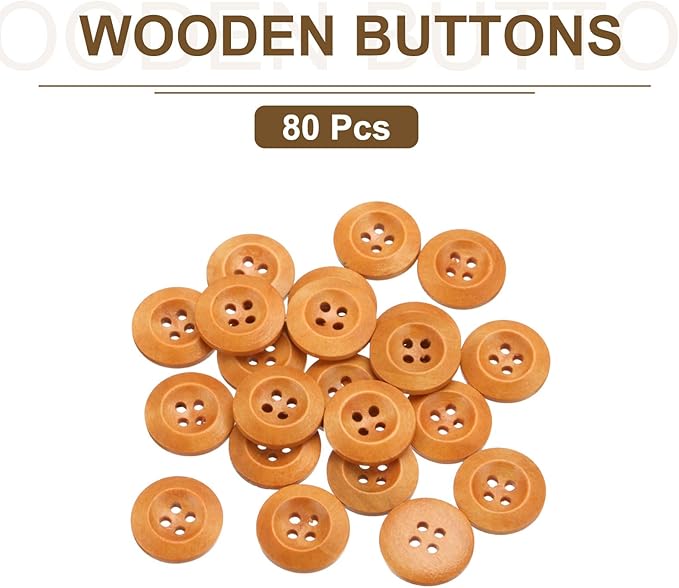 uxcell 80Pcs Wooden Buttons, 23mm(7/8") 4 Hole Round Wood Sewing Button Craft for Sewing DIY Craft Clothing, Light Brown