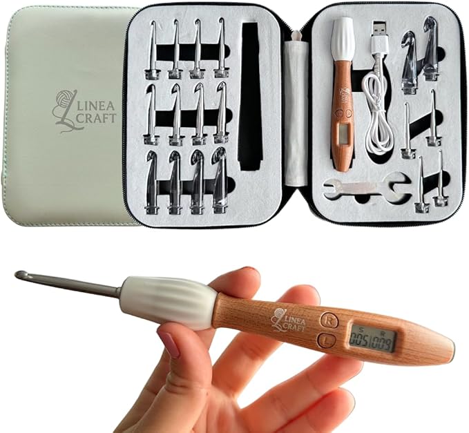 LineaCraft Counting Crochet Hook Set – 18 Sizes Interchangeable Hooks Kit, Light up, Digital Stitch & Row Counter, Ergonomic for Arthritic Hands with Pastel Crochet Hook Case – Crochet Gift