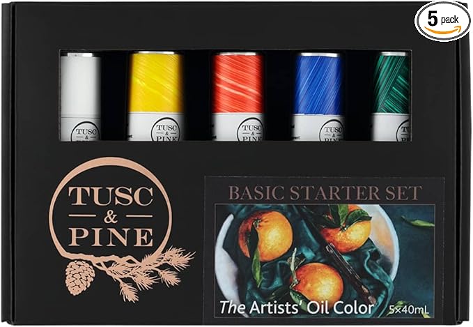 Tusc & Pine Artist Oil Paint - 40 ml Set of 5 - Basic Colors - Non-Yellowing, Rich & Creamy Consistency, Maximum Pigment Load, Small Batch Milled Oil Paints Developed for Professional Artists