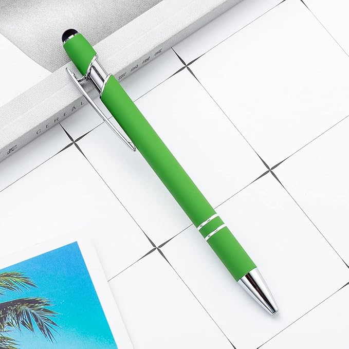 PASISIBICK 12 Pieces Green Ballpoint Pen with Stylus Tip, 2 in 1 Stylus Stylish Pen, Metal Stylus Pen for Touch Screens, Black Ink, 1.0 mm Medium Point.(12 PCS Green)