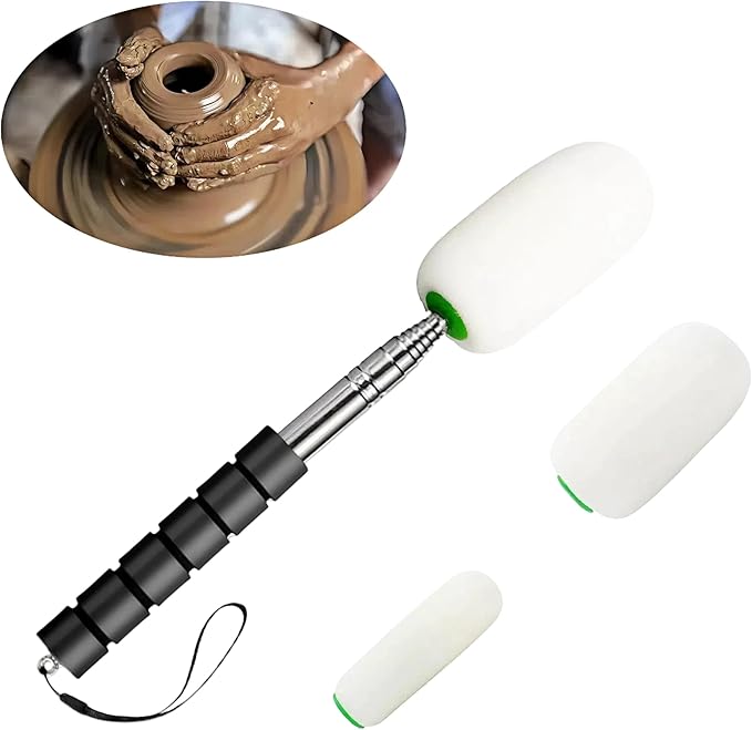 42" Sponge on a Stick for Pottery, 3 Detachable Sponge Heads, Telescoping Ceramic Tool for Removing Water & Shaping Tall/Narrow Vessels, Black Artist Pottery Tool (1 Stick)