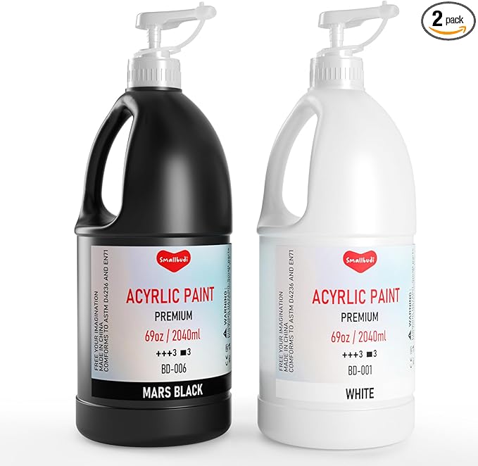 2 Pack White & Black Large Acrylic Paint Set (69 oz, 2040 ml), Art Painting Bulk Supplies for Multi Surface Canvas Wood Leather Fabric Rock Craft, Non Toxic Paint for Kid & Adult with Pump