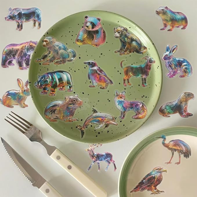 Yoksas Iridescent Wildlife Scrapbook Stickers - 50 Pieces Waterproof Clear Painted Animal Stickers for Scrapbooking,Journals,Planners