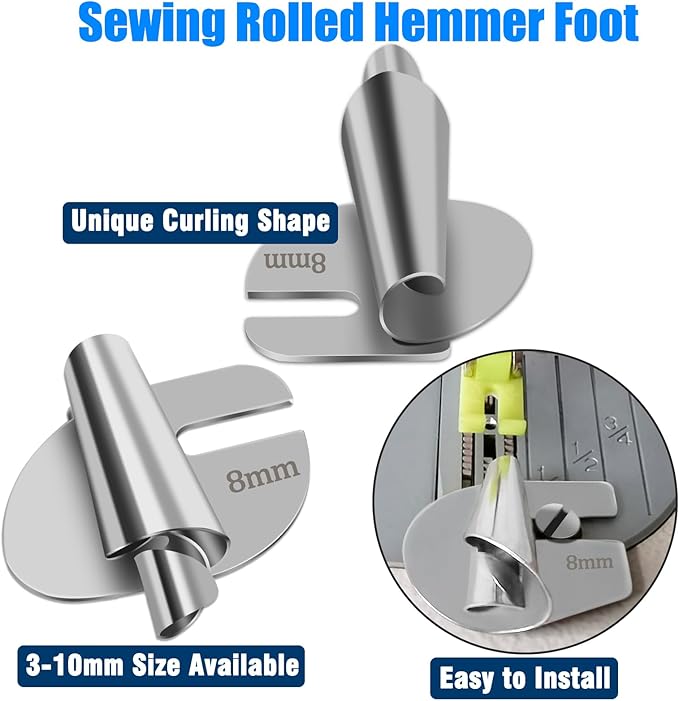 TOOVREN 4pcs Rolled Hem Presser Foot Sewing Rolled Hemmer Foot 7mm-10mm 4 Sizes Wide Hemmer Feet Set Seam Guide Universal Presser Feet Hemming for Sewing Machine Accessories and Tools