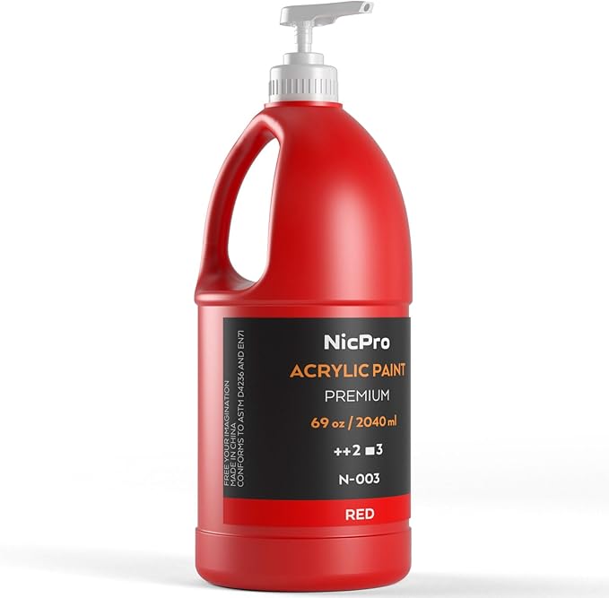 Nicpro Red Large Acrylic Paint Set (69 oz, 2040 ml) Rich Art Painting Supplies Non Toxic for Multi Surface, Canvas, Wood, Leather, Fabric Stone Craft, for Adult Beginners & Artists with Pump