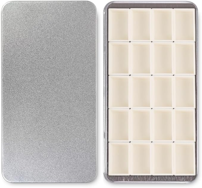 Portable Watercolor Paint Palette with Tins, Lightweight Empty Full Pans with Magnetic Squares, Metal Paint Tray Palettes for Travel, Acrylics Painting and Art, 20Full Pans,Silver