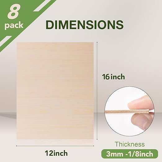 Rowood 8 Pack Maple Plywood 1/8,12x16x1/8inch,3mm Wood Sheets Thin Unfinished Maple Plywood for Laser Cutting and Engraving,DIY Adult Craft Project Kits for Ornaments, Models Drawing,Wood Burning